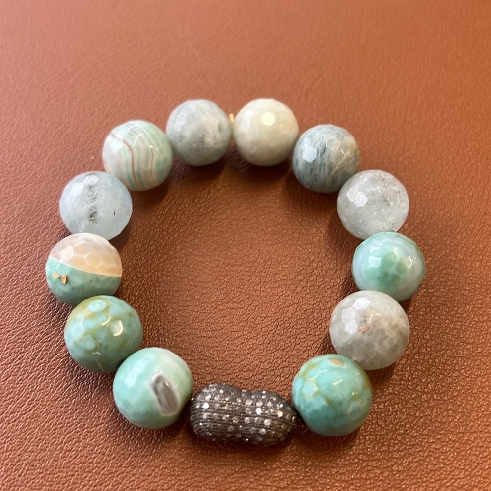 Pave diamond peanut with blue chrysoprase and agate beads